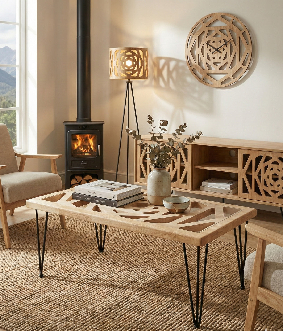 Table Basse Géométrique "Cénacle" – Bois Massif & Plexiglas Intégré 100 CM X 60 CM