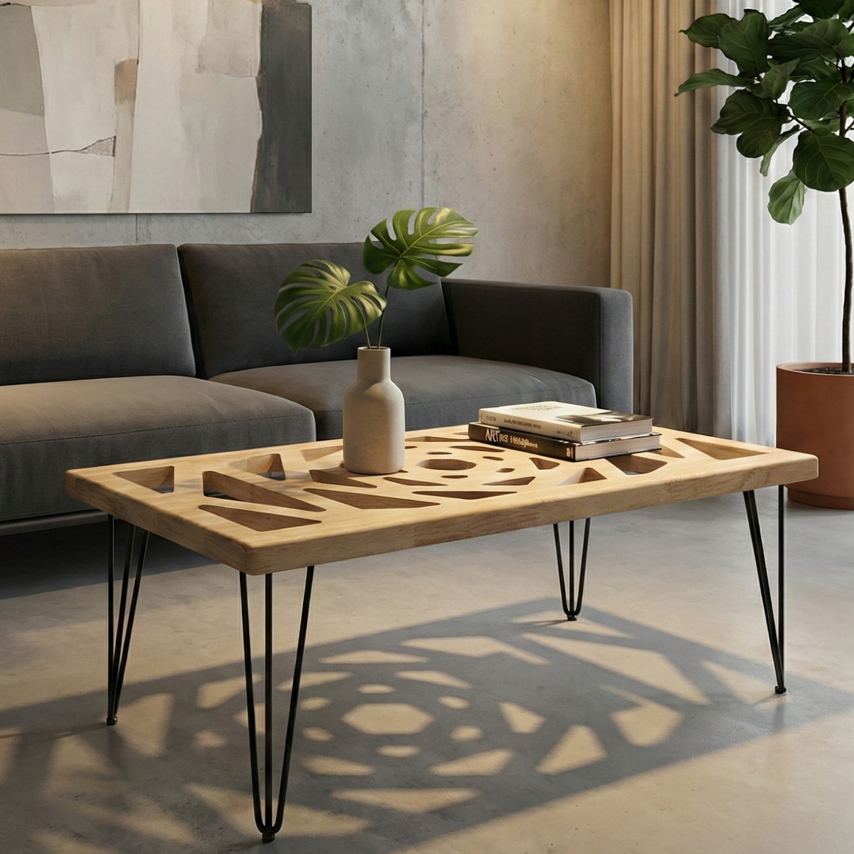 Table Basse Géométrique "Cénacle" – Bois Massif & Plexiglas Intégré 100 CM X 60 CM