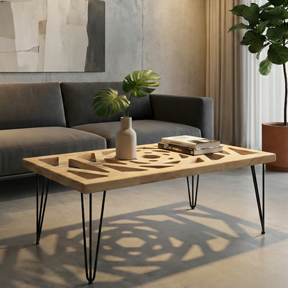 Table Basse Géométrique "Cénacle" – Bois Massif & Plexiglas Intégré 100 CM X 60 CM